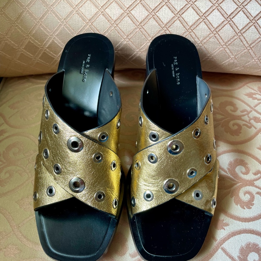Rag & bone Gold Grommet Criss Cross Paige Mules